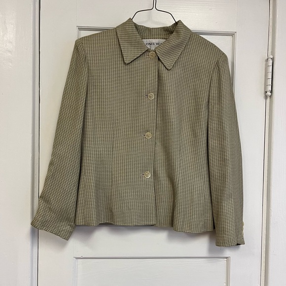 Jones Wear Jackets & Blazers - Jones Wear Women Houndstooth Long Sleeve Shoulder Pads Sage Green Jacket Size 14